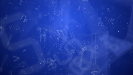 animation of icons and changing mathematical symbols against blue background. global networking and business technology concept. plexus line. loop animation.