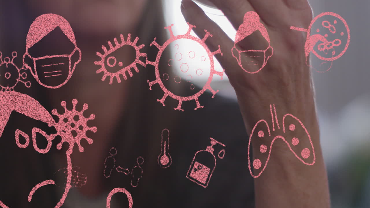 animación de iconos de la pandemia sobre una mujer caucásica que toma píldoras