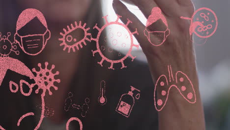 animación de iconos de la pandemia sobre una mujer caucásica que toma píldoras