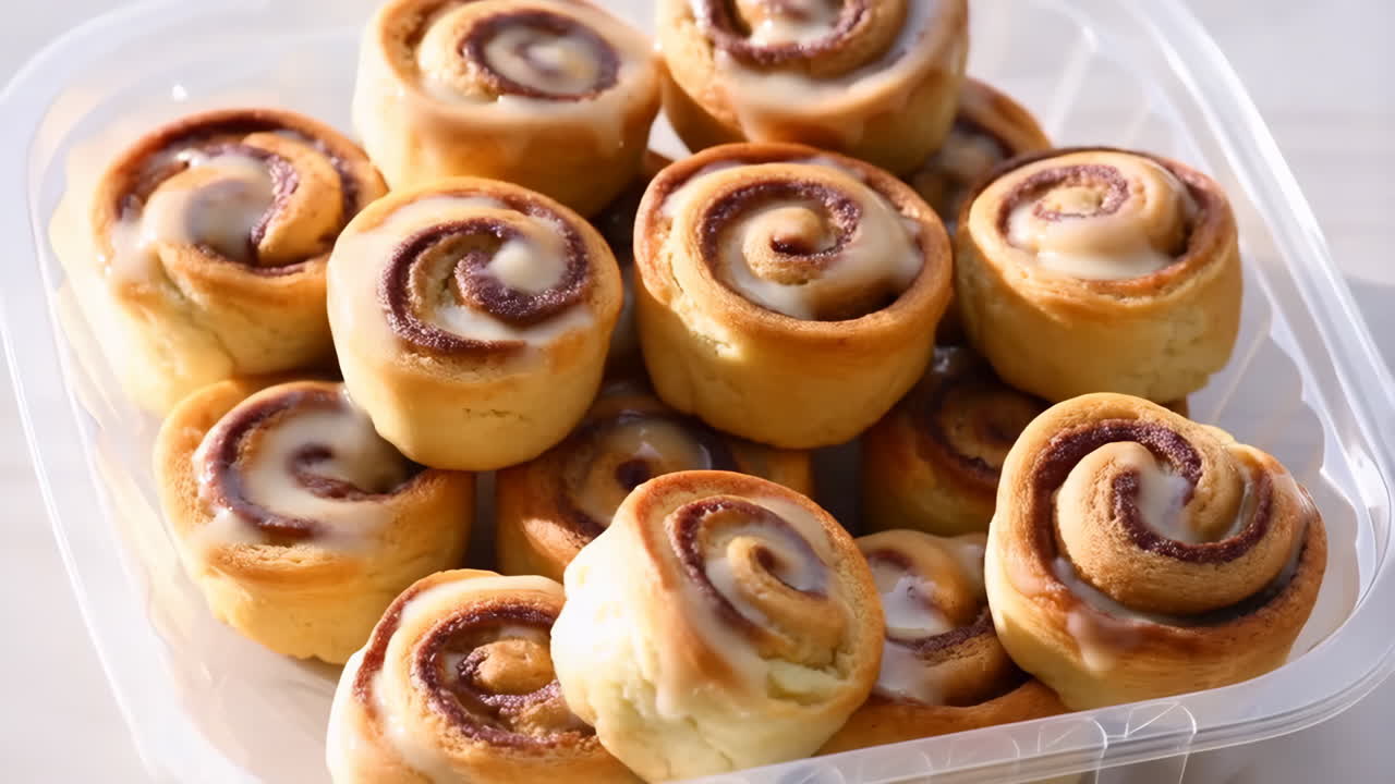 A Container Full of Mini Cinnamon Rolls with Icing