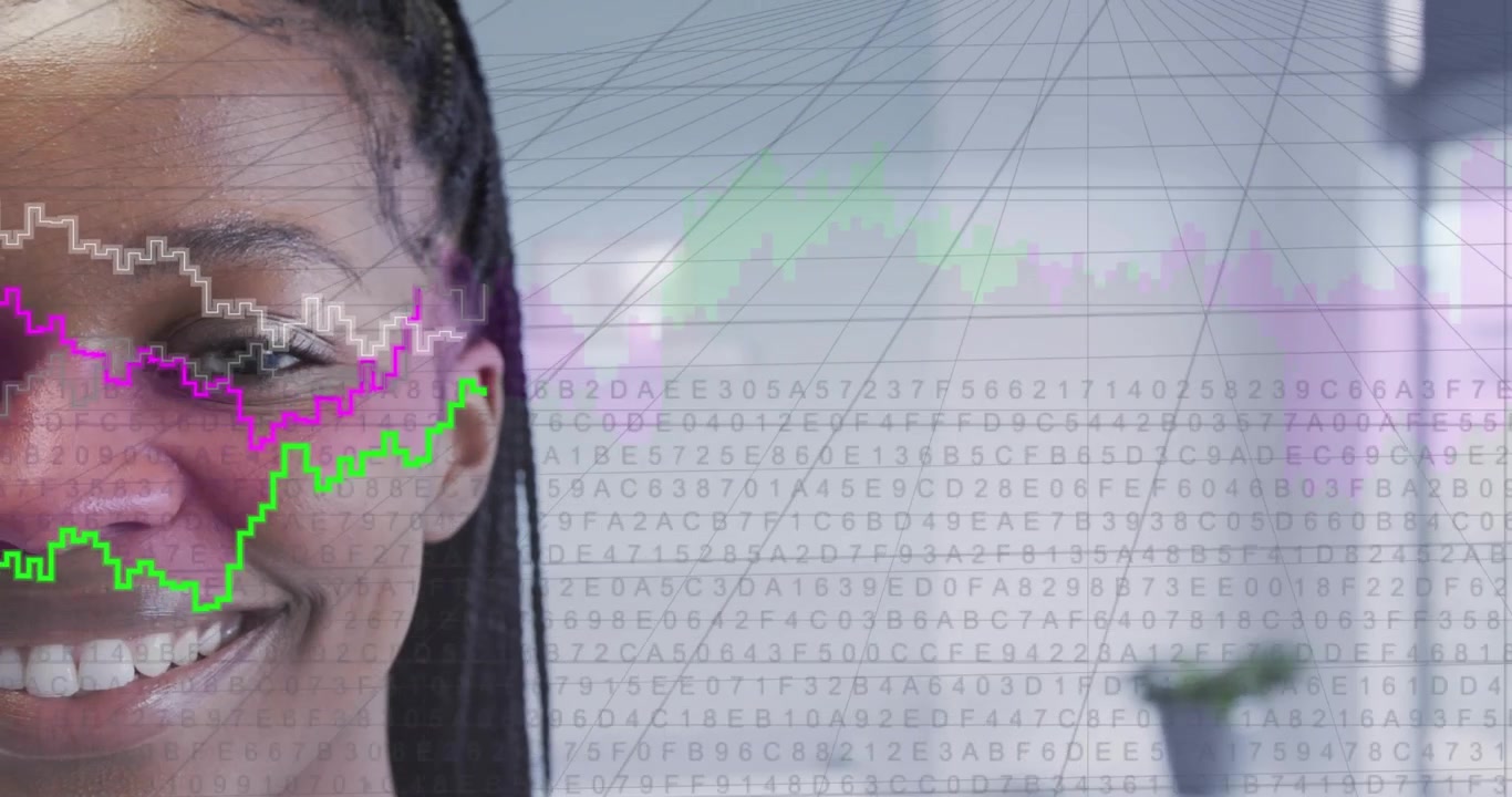 Woman opening eyes smiling reacting to data with code starting and charts animating over tiled grid