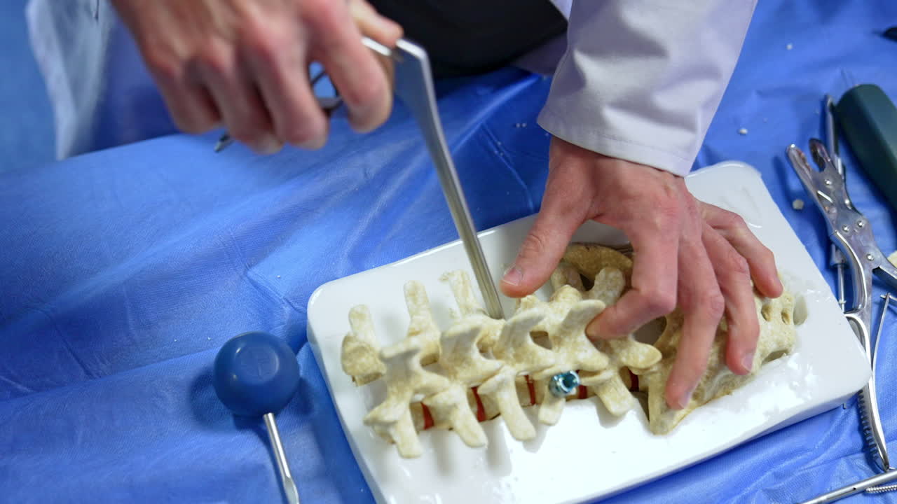 Doctor pinches off the little pieces of the spine model demonstrating the work of a tool. Close up. Neurosurgical operation practice. Top view.