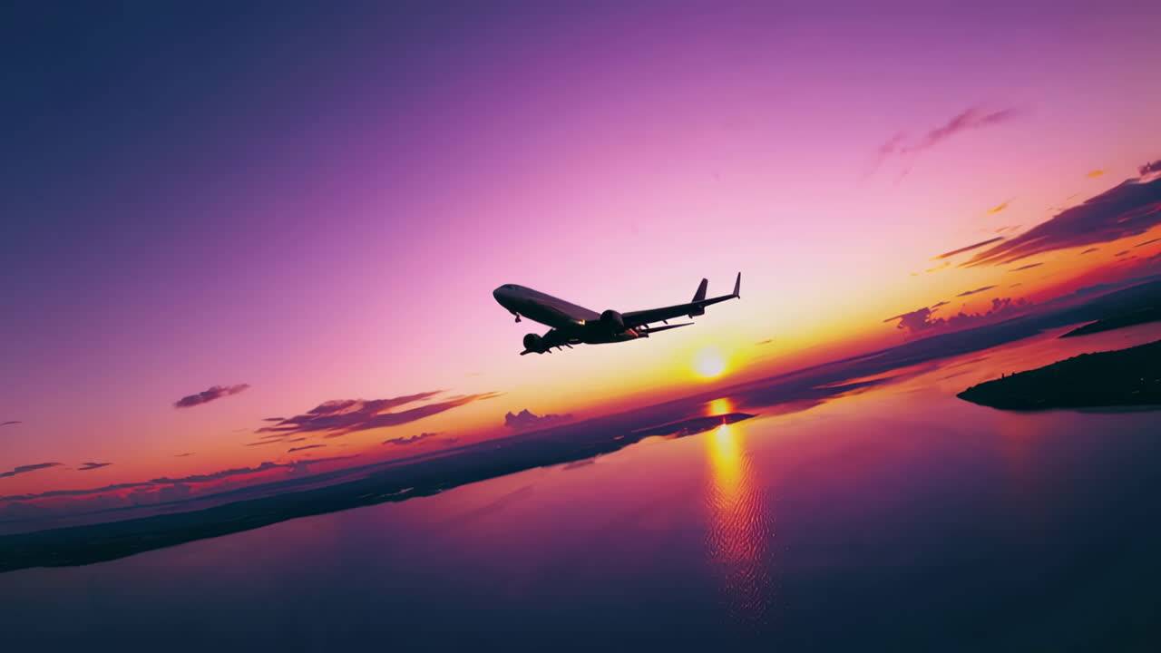 Airplane flying at sunset over water