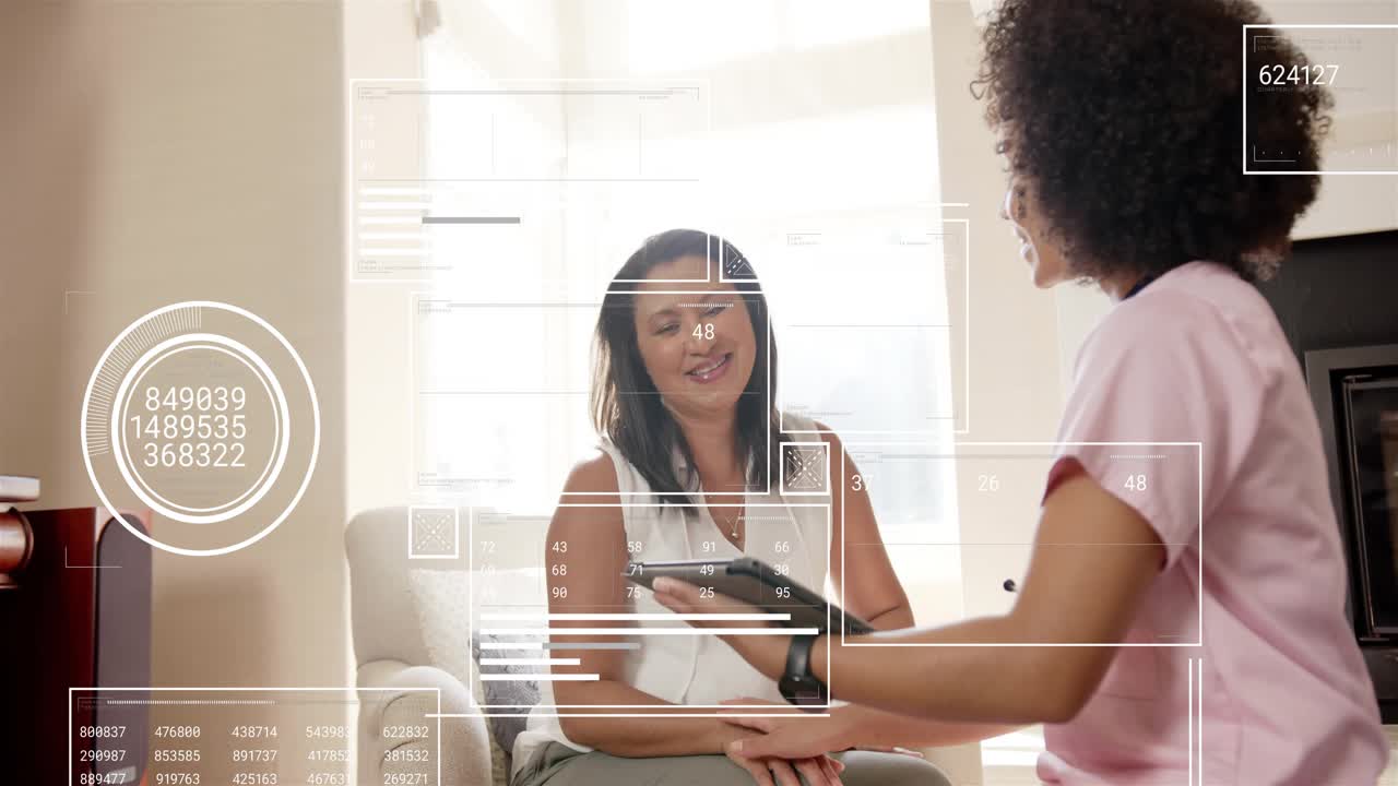 Caregiver presenting tablet to seated patient near window, explaining health data with HUD overlays