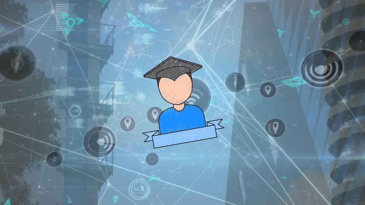 Animazione dell'elaborazione dati su un paesaggio urbano