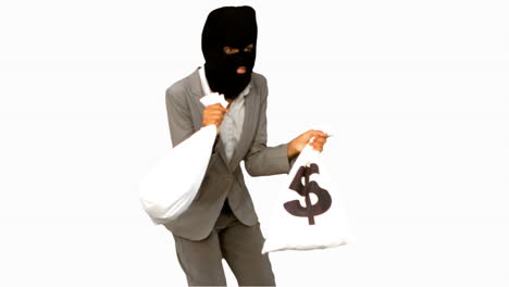 burglar holding money bags on white screen