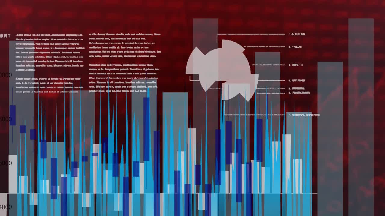 Animazione di elaborazione dati e registrazione statistiche su sfondo rosso