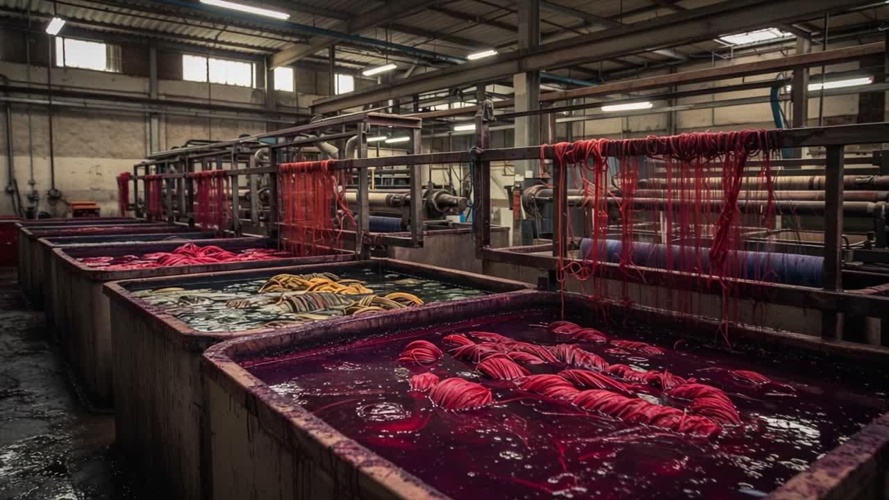 Vibrant Textile Dyeing Process Captured in a Factory - Rows of Colorful Fibers Immerse in Dye Tanks, Showcasing the Artistry of Dyeing Techniques