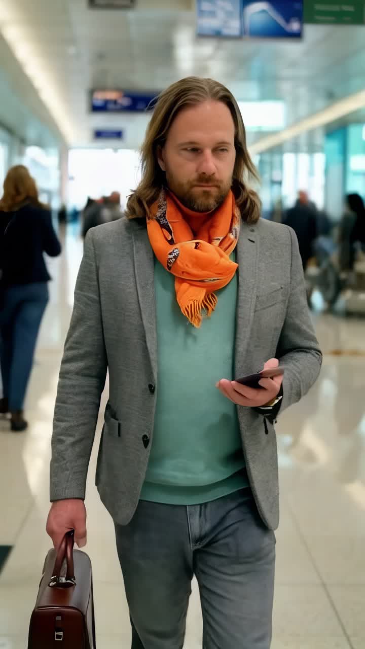 An adult male traveler walking through a bustling airport terminal.