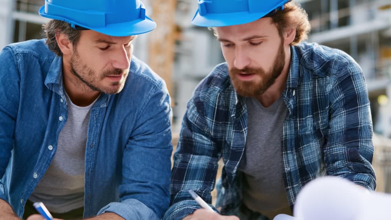 Engineers Collaborating on Construction Plans: A Focused Discussion Captured in Two Frames Illustrating Professional Teamwork on a Building Project