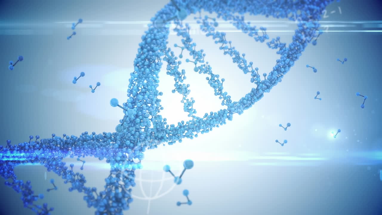 Animazione di una catena di DNA che ruota, molecole ed elaborazione di dati medici