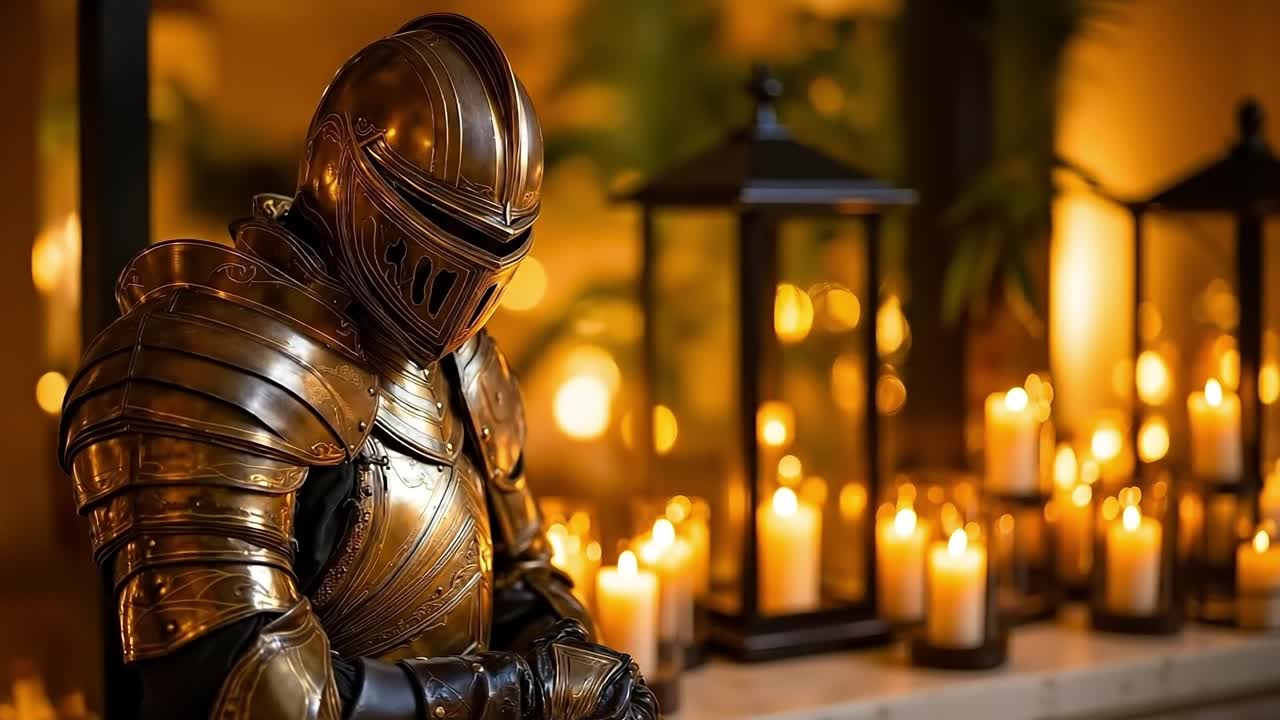 A man in a suit of armor sitting in front of a row of candles