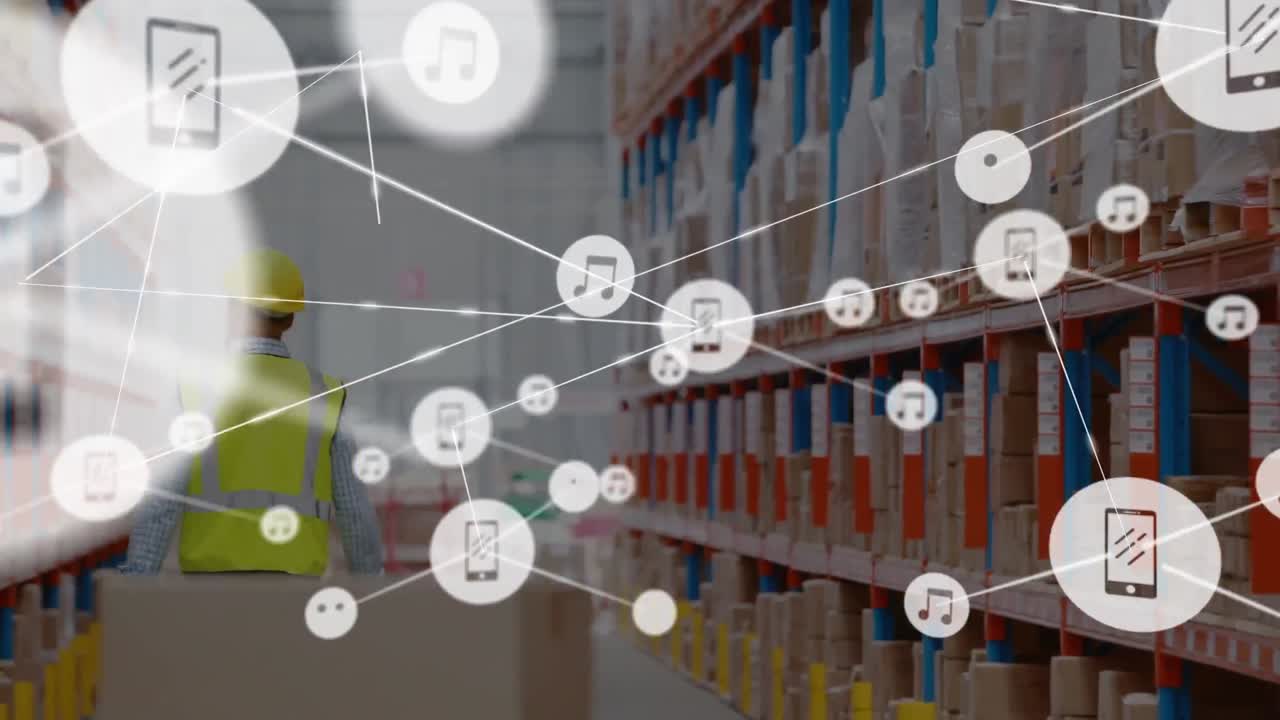 창고의 백인 남성 노동자에 대한 아이콘과 연결 네트워크의 애니메이션