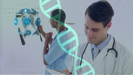 globo de iconos médicos y estructura de adn contra dos médicos masculinos que trabajan