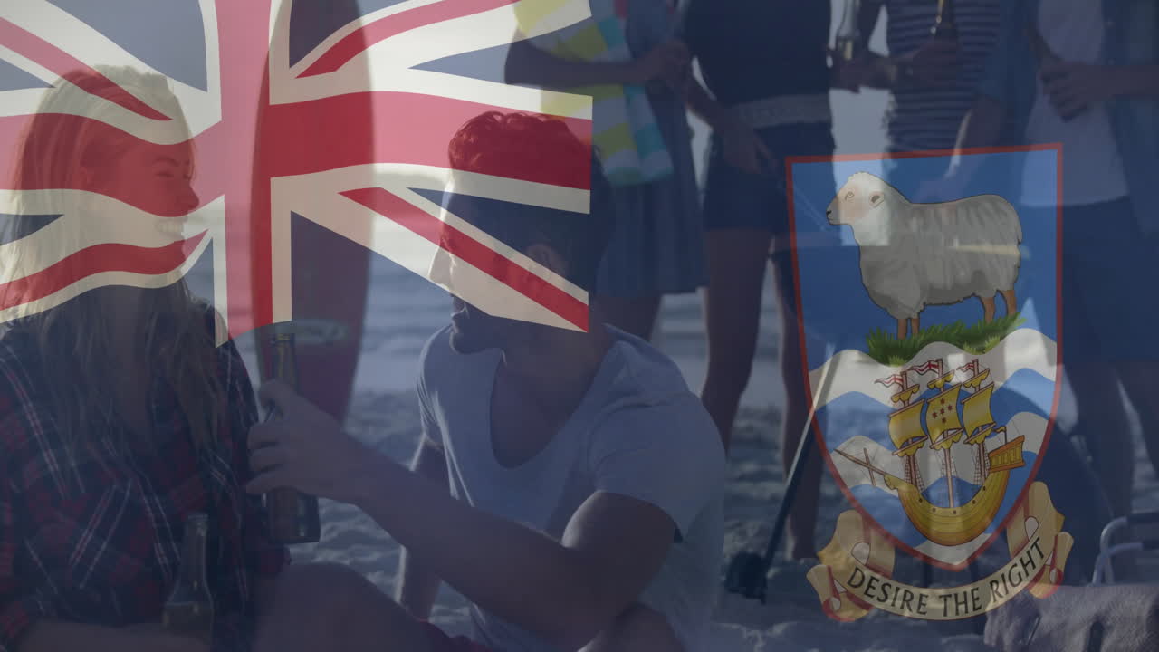 Beach gathering with British flag and Anguilla animation overlay, people socializing