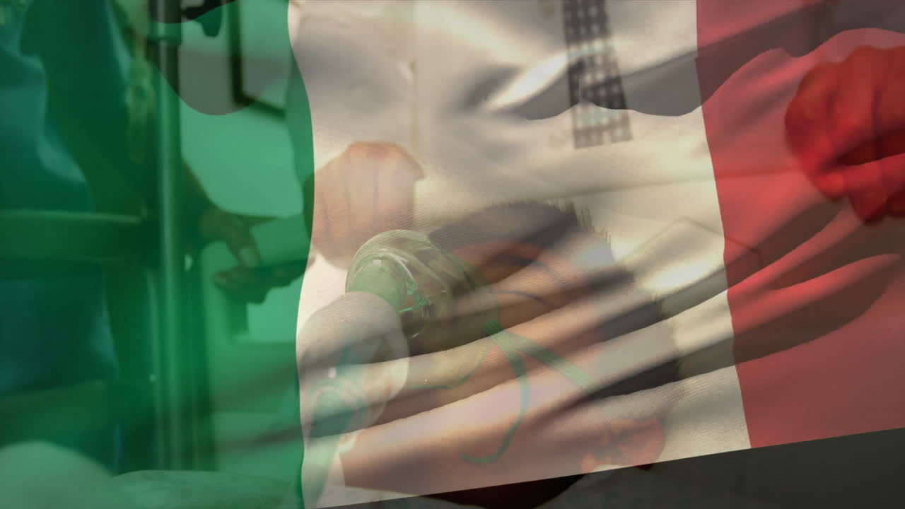Receiving medical care in hospital, person with Italian flag overlay animation