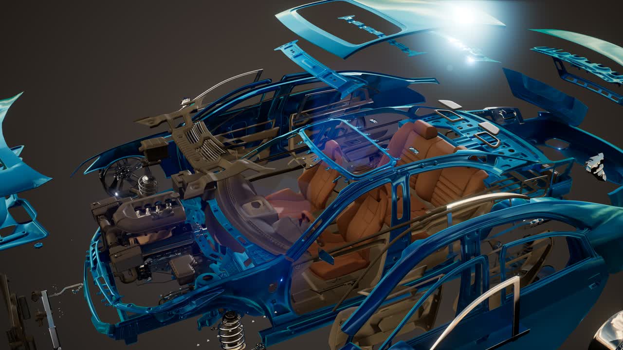 coche desmontado con partes visibles