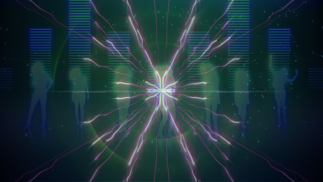 Pink digital waves over silhouettes of people dancing and music equalizer against blue background