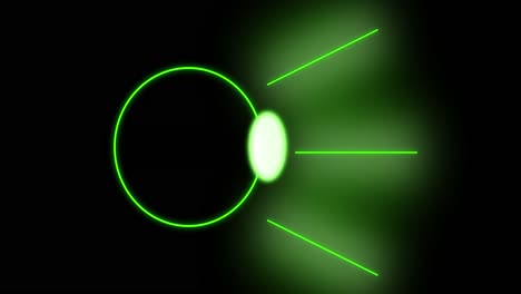 Animation-of-glowing-green-circle-with-rays-over-black-background