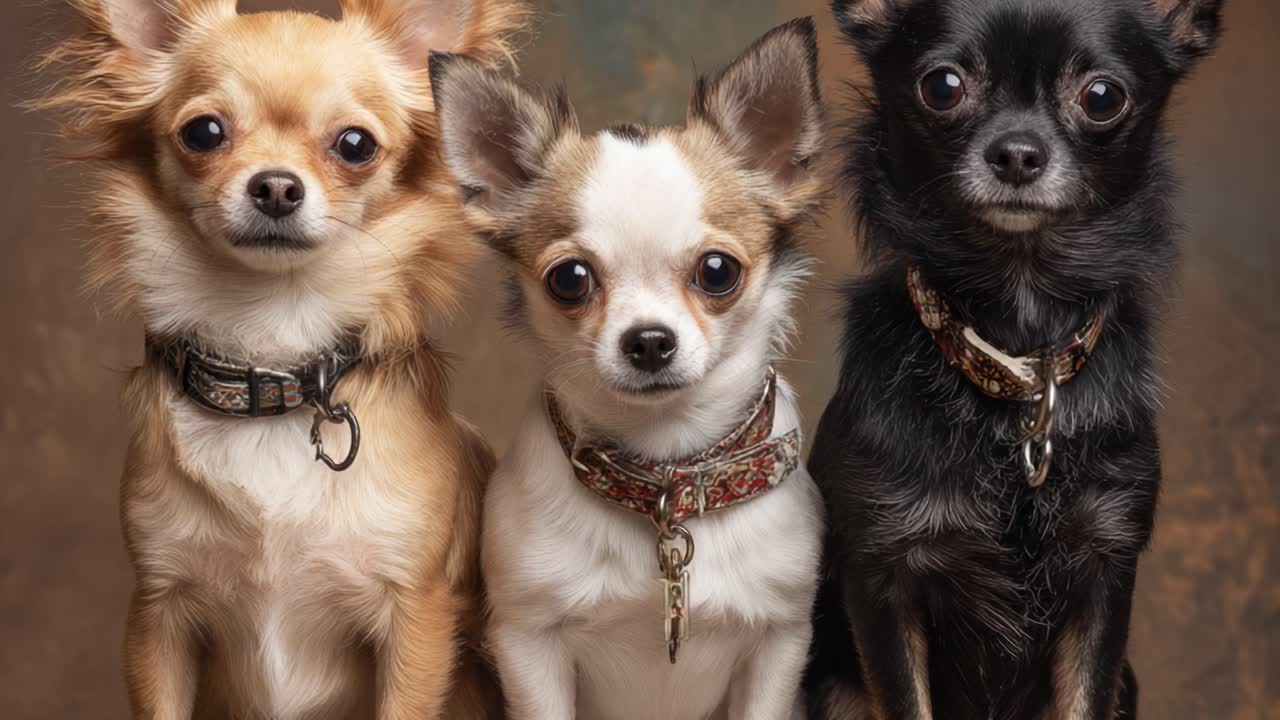 Charming Trio: A Heartwarming Portrait of Three Chihuahua Dogs Showcasing Their Unique Personalities and Adorable Features in A Studio Setting