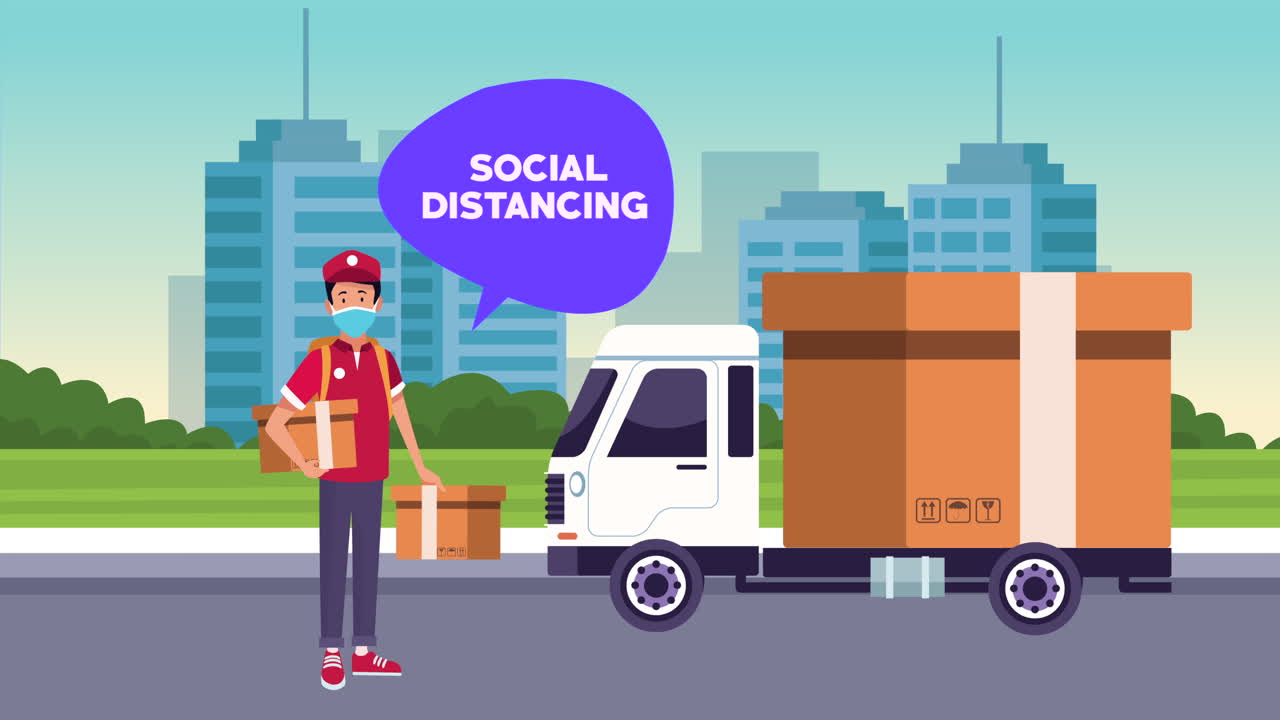 트럭에서 배달 노동자와 함께 사회적 거리 두기 캠페인