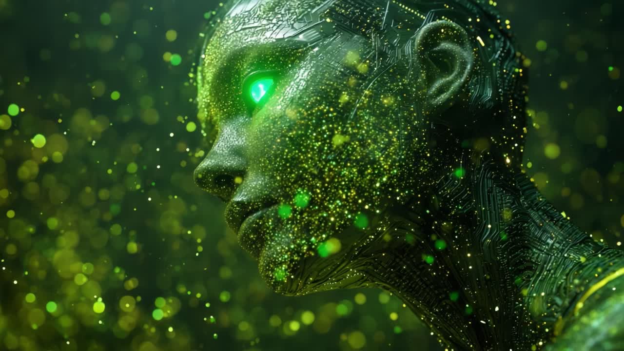 A Glimpse into the Future: A Surreal Visualization of an Artificial Figure Adorned with Luminous Particles and Intricate Circuit Designs Amidst a Green Ethereal Atmosphere