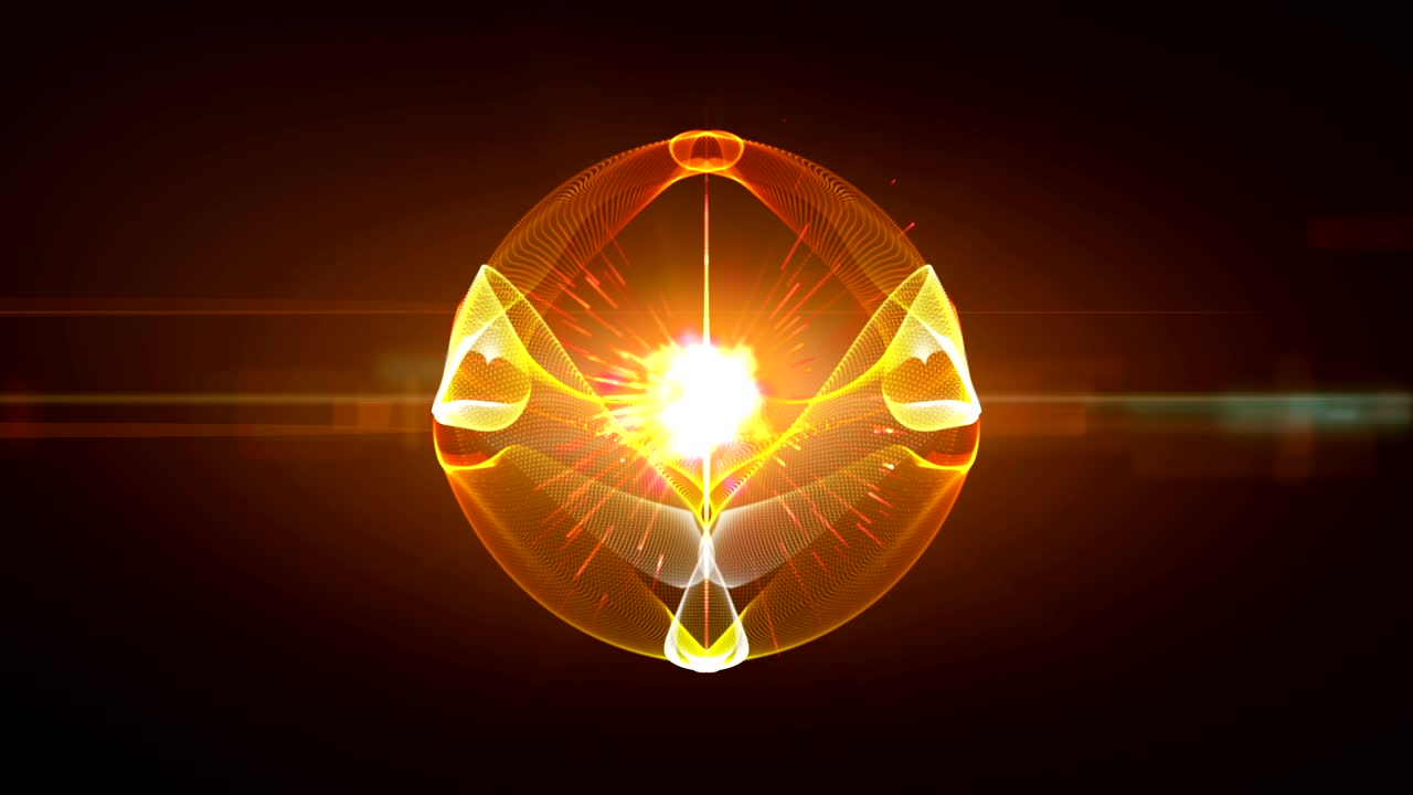 las partículas abstractas forman líneas, superficie y cuadrícula. luces de fondo de fuego naranja rojo haz abstracto, esfera y forma de espejo.