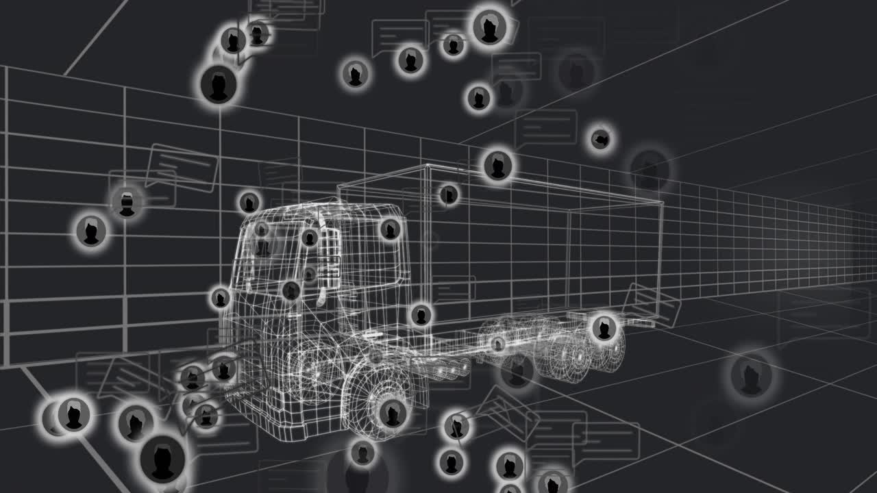 On startup wireframe truck and trailer receiving nodes clustering then dispersing to show data flow