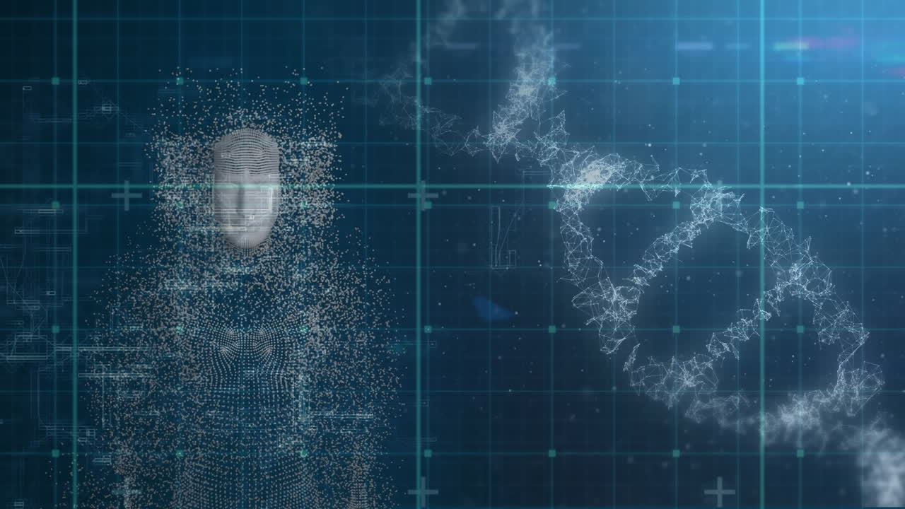 Animation of data processing, human face model and dna in blue space
