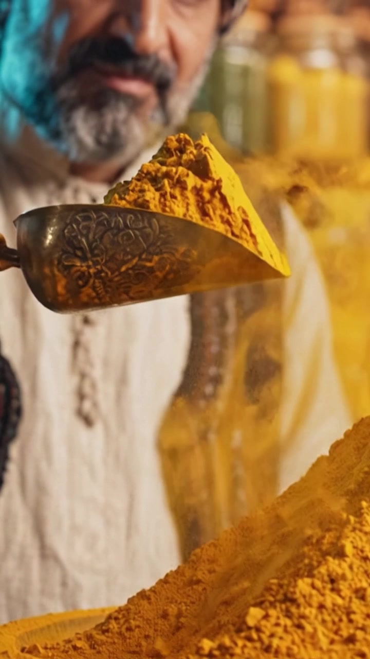 Mastering the Art of Spice: A Skilled Artisan Elegantly Measures and Pours Vibrant Turmeric Powder in a Busy Marketplace Space Representing Culinary Traditions