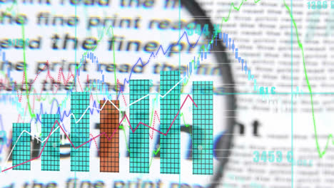 animación del mapa del mundo y lupa sobre el procesamiento de datos financieros