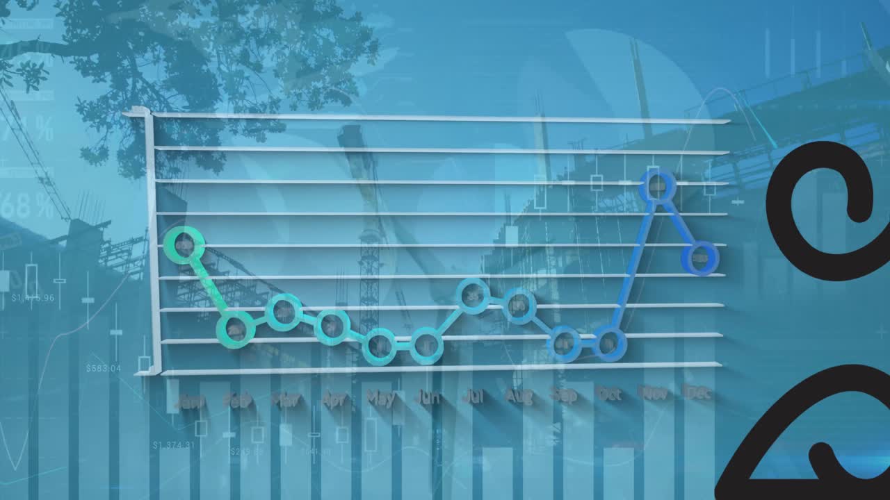 건설 현장에 대한 회전하는 풍차에 대한 통계 데이터 처리의 애니메이션