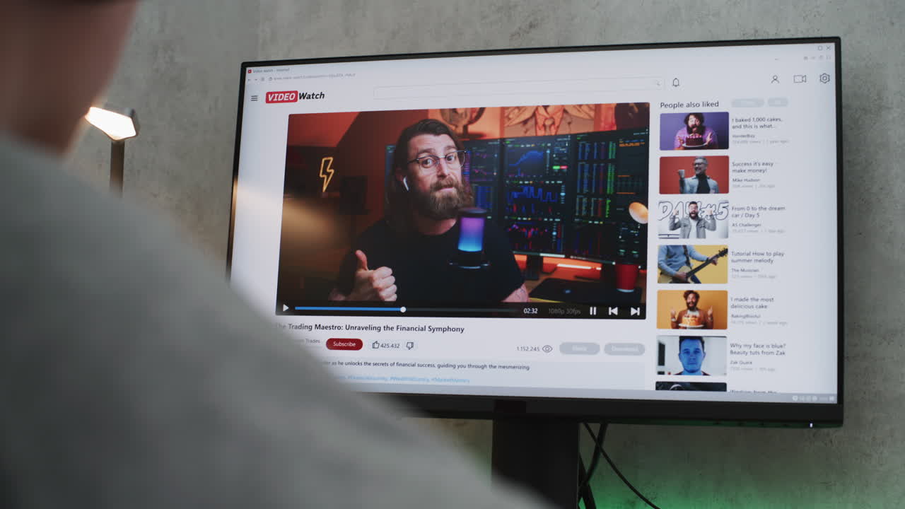 viendo un tutorial de video de comercio financiero en un monitor de computadora