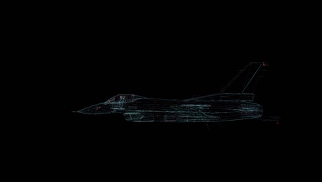 f-16 warplane hologram wireframe. nice 3d animation on a black background with a seamless loop for futuristics projects