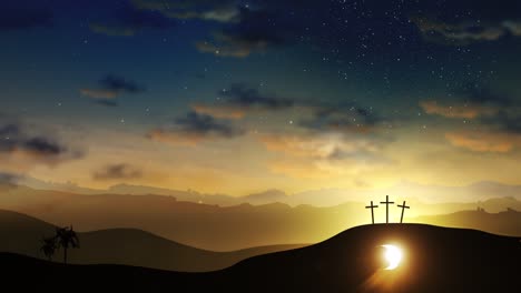 three crosses on the hill and jesus tomb with clouds moving on the starry sky