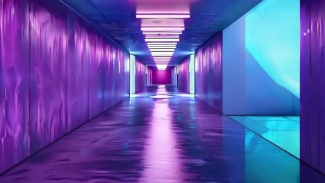 a long hallway with purple walls and a light at the end