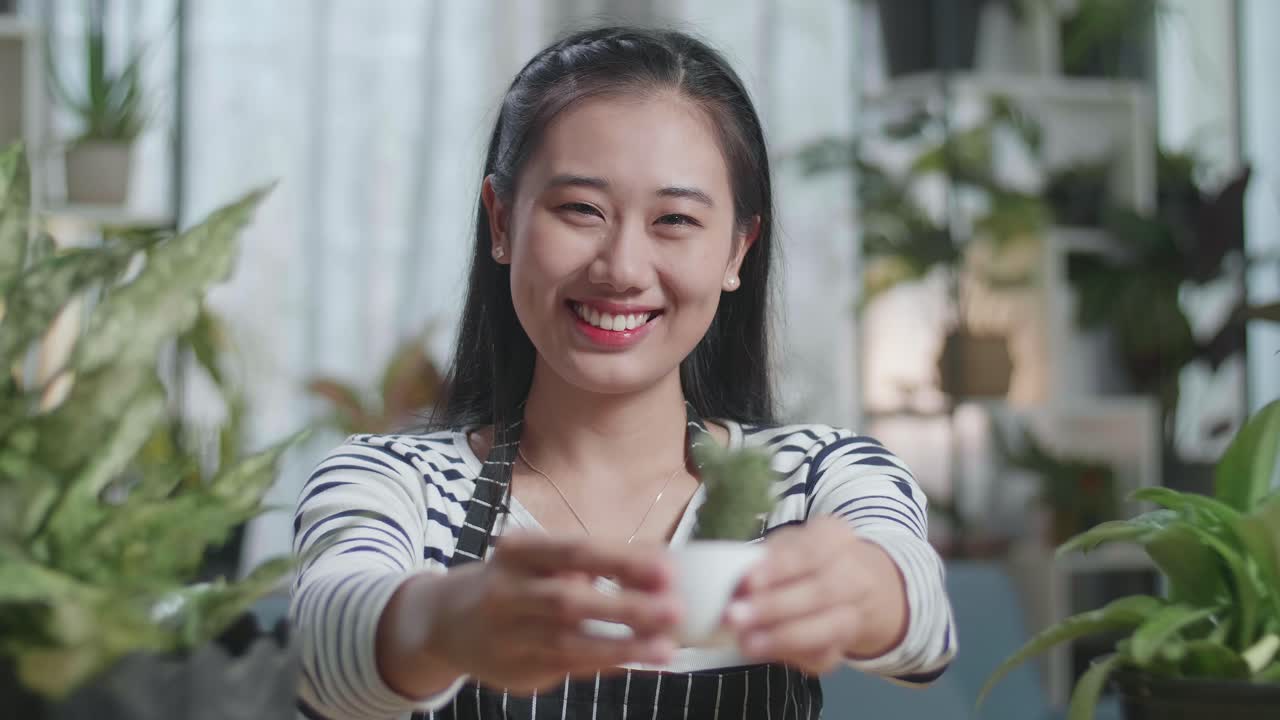 미소 짓는 아시아 여성이 집에서 카메라에 투스 식물을 들고 보여주고 있습니다.