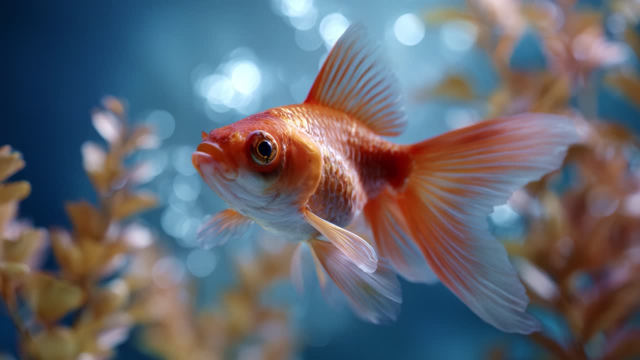 Un pesce rosso vivace che nuota con grazia tra le piante acquatiche in una splendida scena subacquea, racchiuso in bolle e luce incandescente per una vista accattivante