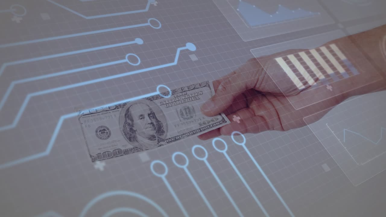 Hand entering from right, sliding US $100 bill left while holographic circuits scanning to check