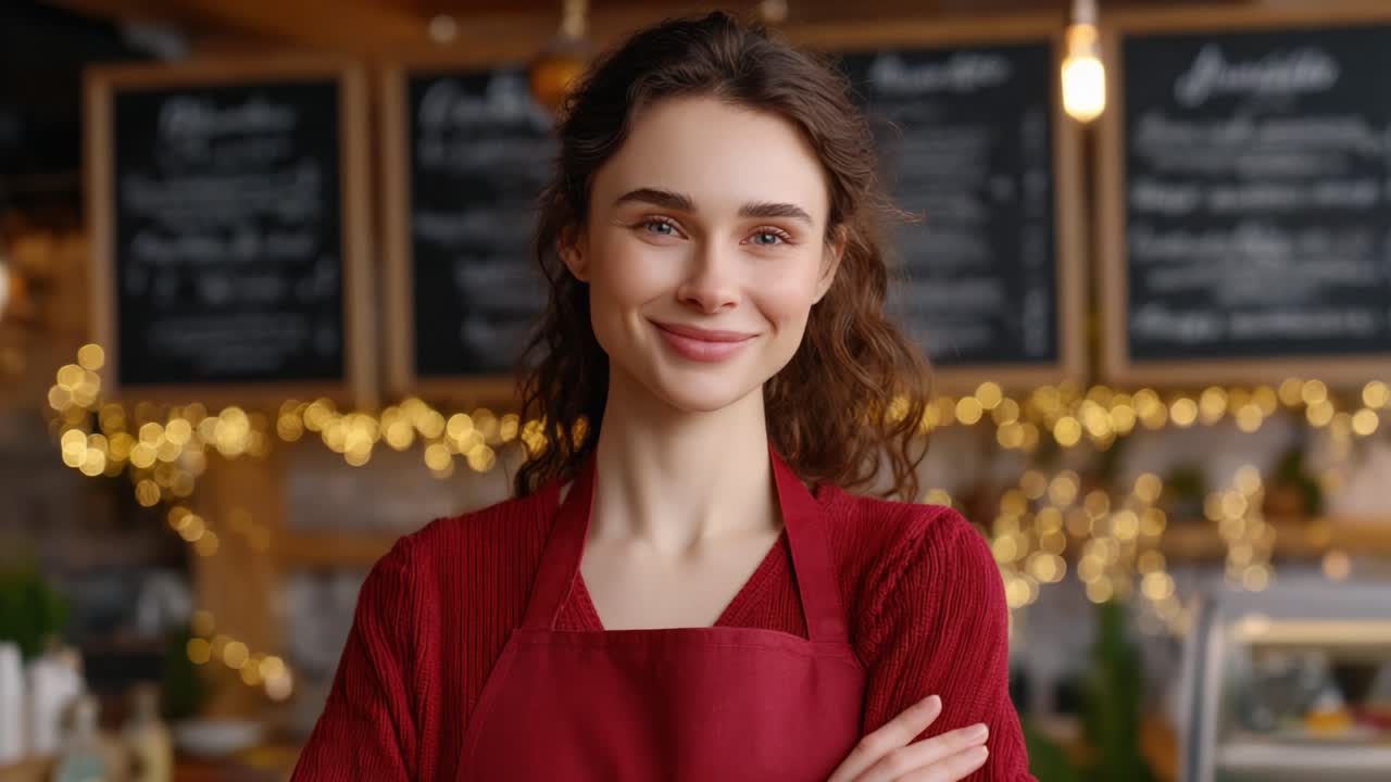 Glad barista i hyggelig café: Et venligt smil og en varm atmosfære skaber en indbydende stemning, perfekt til at nyde friskbrygget kaffe og lækre godbidder