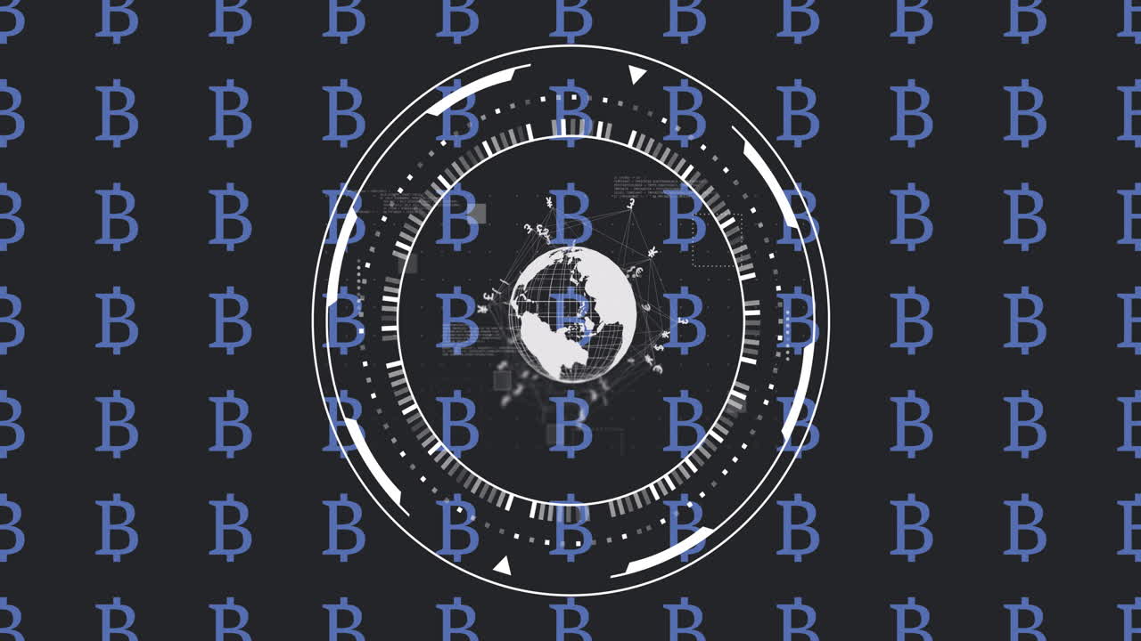 animación del globo y procesamiento de datos financieros sobre símbolos de bitcoin en fondo negro