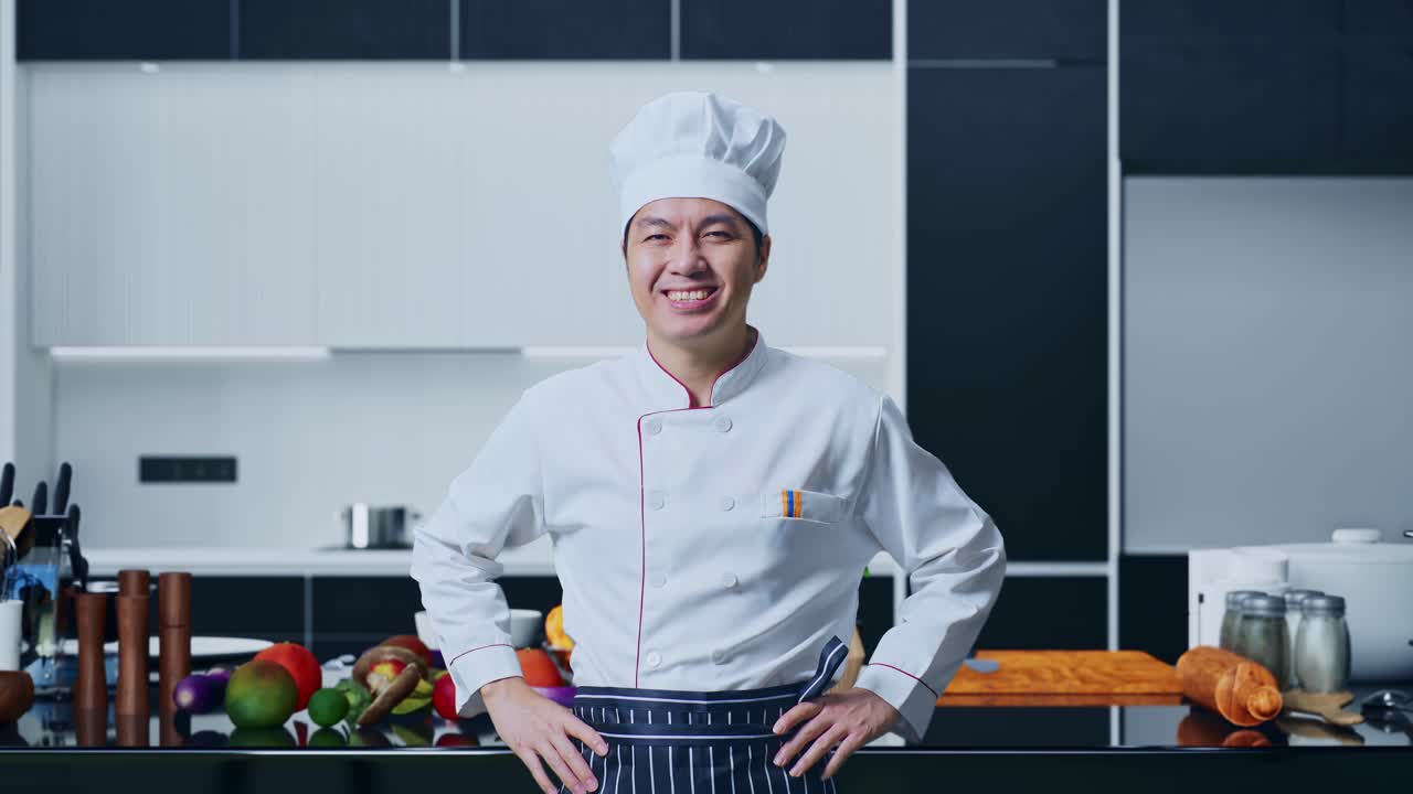 retrato de un chef feliz en una cocina moderna