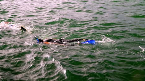 Two-people-diving-in-the-sea-near-the-surface-at-daytime-in-the-area-of-Bombas-and-Bombinhas-beaches,-Brazil