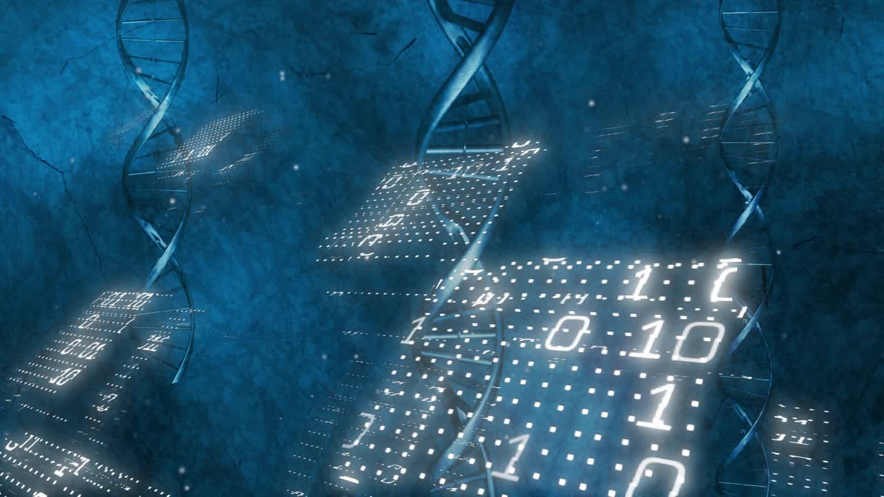 Upon starting central DNA helix twisting as panels drifting displaying binary digits, showing data