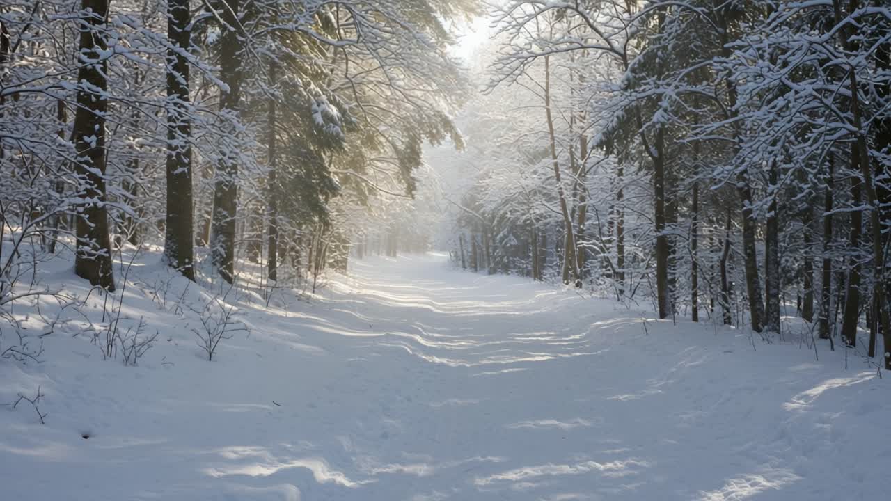 En fredelig vintersti gjennom snødekt skoglandskap fanget i bilder, som fremhever naturens ro og skjønnhet midt i vinterkulden