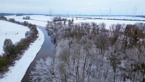 Invierno-Nieve-Río-Madera-Bosque-Cielo-Nublado-Alemania