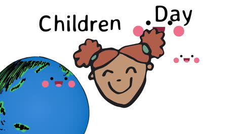 animation of children day text and girl icon on white background