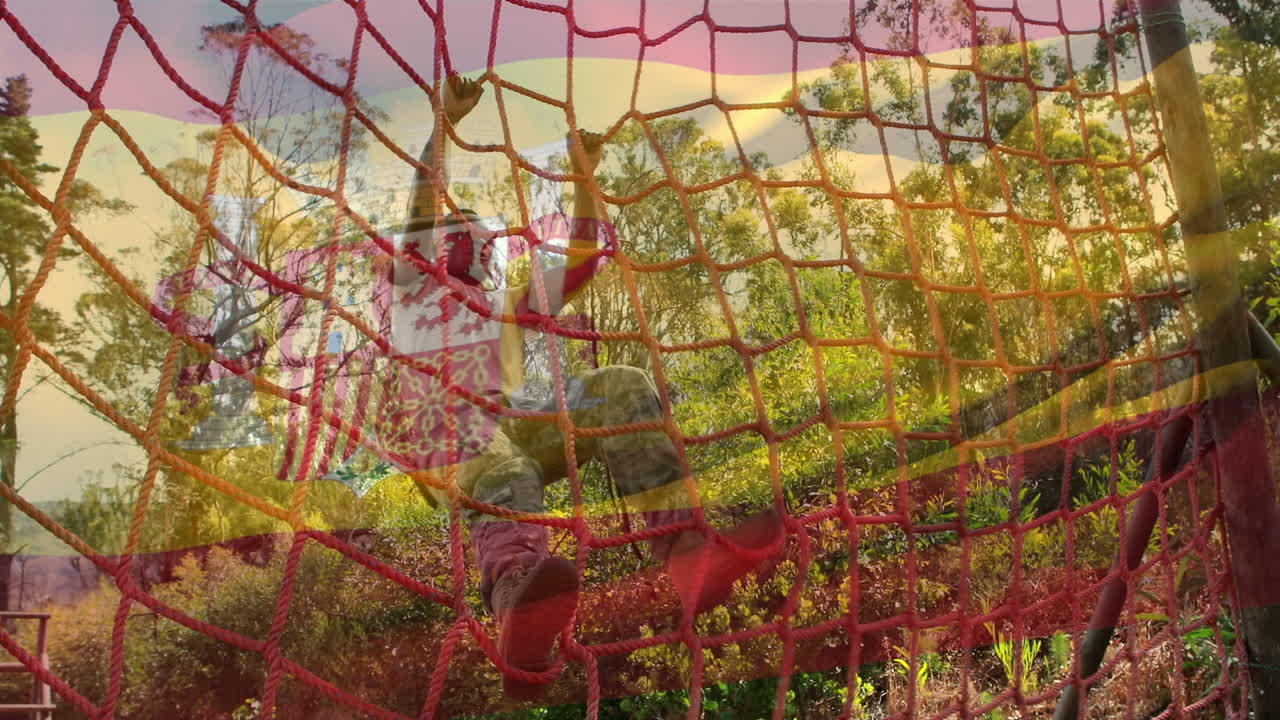 анимация флага испании над афроамериканцем во время тренировки на гонке с препятствиями