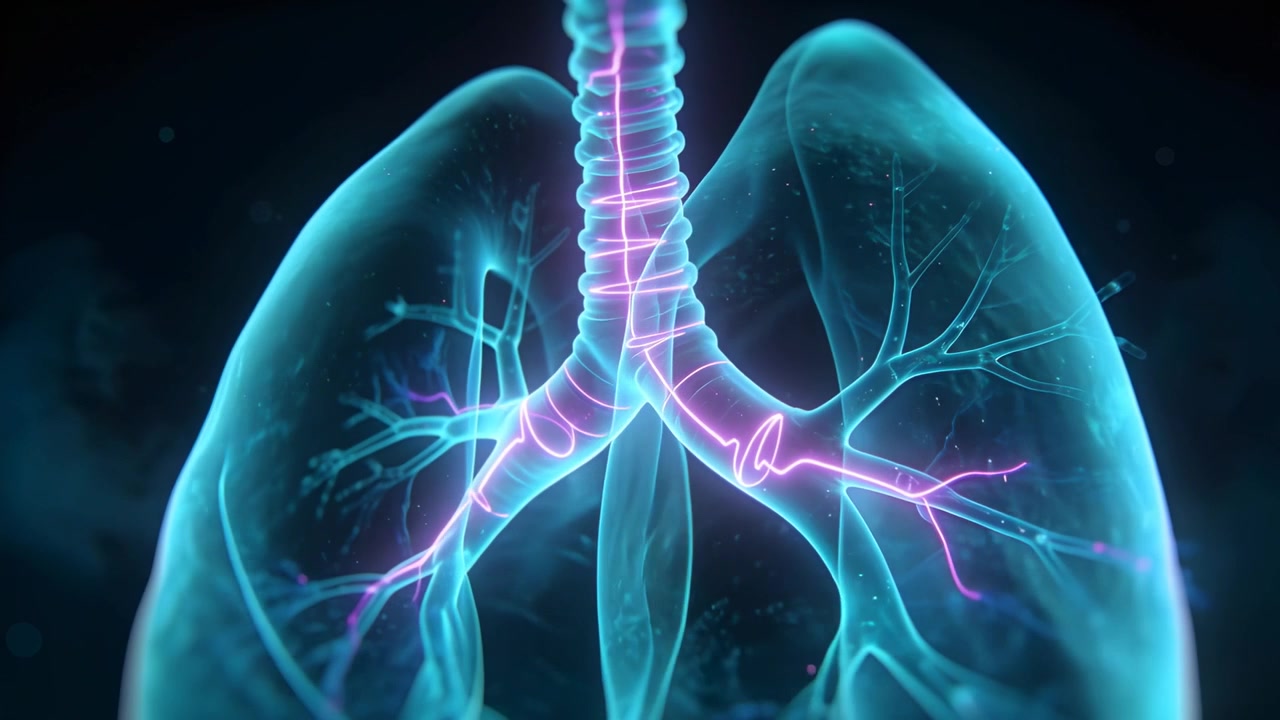 Animazione di polmoni e trachea ciano che ruotano nel vuoto nero, con la telecamera che mostra impulsi rosa che indicano il flusso d'aria.
