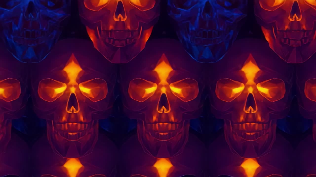 A Vivid Display of Stylized Skulls with a Mesmerizing Gradient of Fiery Orange and Deep Blue Undertones in a Repetitive Pattern
